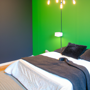 Schlafzimmer mit grünem und grauem Wanddesign, Bett mit Decke und Nachttischlampe.