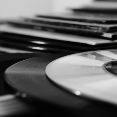 Schwarze Schallplatten und CD auf einem Stapel.